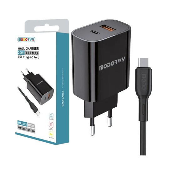 Modorwy PD Wall Charger MA1115 USB+Type-C with Type C Cable 5V 3.1A Black